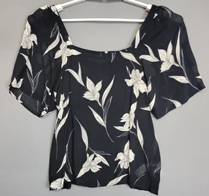 A New Day Square Neck Top Womens Small Black Floral Sheer Short Sleeves New - Picture 1 of 12