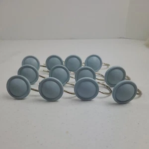 12 Shower Hooks Baby Blue Sky Blue Large Button Shape Painted Resin Silver Metal - Picture 1 of 7