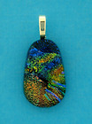 DICHROIC GLASS TEARDROP, LIGHT GREEN GOLD OVER BLUE N SALMON, SILVER PLATED BAIL