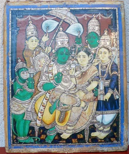 Antica Pittura Di Thanjavur Tamil Nadu Perles Argento Oro Rama Sita India 19e - Picture 1 of 5