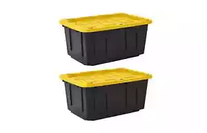 Heavy Duty 27 Gallon Tough Storage Tote Container Bin 2-Pack With Yellow Lid New - Picture 1 of 7