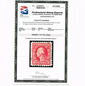 EXCELLENT GENUINE SCOTT #425 USED 1914 ROSE RED PSE CERT GRADED F-VF 75J JUMBO - Picture 1 of 3