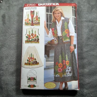 Butterick 4966 Hollyhocks & Hares Sewing Pattern Vest Skirt Bag Applique Sz 8-16 - Image 1 of 4