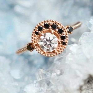 Conjunto de anillo de joyería de graduación de morganita de oro rosa de 14k con halo de diamantes negros - Imagen 1 de 2