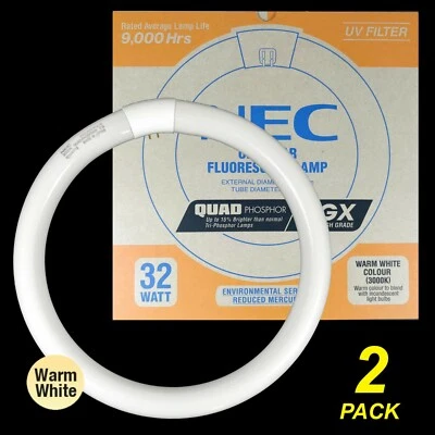 2 x 32W T9 Circular Fluorescent Tubes Lamps Globe Warm White 3000K Quad Phosphor - Image 1 of 4
