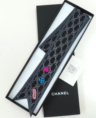 Chanel Scarf 22P Icon Pattern Coco Mark Ribbon Black Multicolor Women's Unused - Image 1 of 4