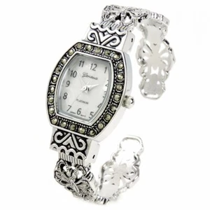 Reloj brazalete facial rectangular plateado negro vintage estilo marcasita para mujer - Imagen 1 de 4