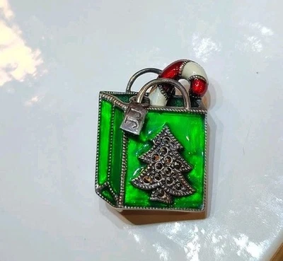 Broche Bolso de Compras Navidad Esmalte Marcasita Plata Esterlina Judith Jack De Colección Foto 1 de 4