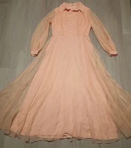 Abito maxi damigella d'onore vintage anni 70 trasparente overlay arancione sorbetto camicia L - Foto 1 di 13