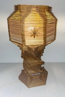 Large 70's Vintage Popsicle Stick Lamp Tramp Art Boho Hobo Working - Image 1 of 4