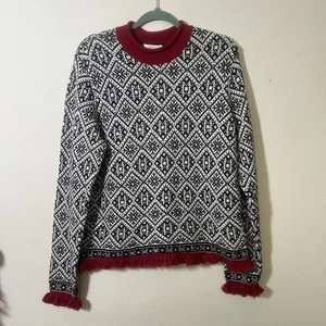 Damen Talbots XL Pullover Pulli nordisch schwarz mit rotem Fransenbesatz, Urlaub - Bild 1 von 12