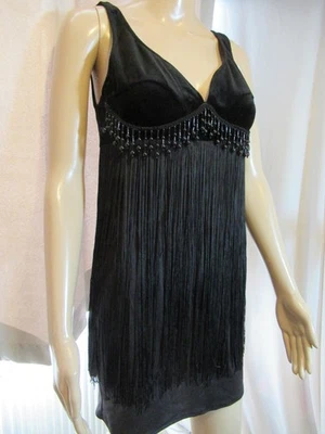 FREE POST Burton Mini Vestido Negro Terciopelo Flecos LBD Pequeño Negro Talla 12 Foto 1 de 4