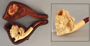 Antica pipa francese intagliata in schiuma di mare, testa di donna vittoriana con custodia originale, senza prezzo di riserva - Foto 1 di 14