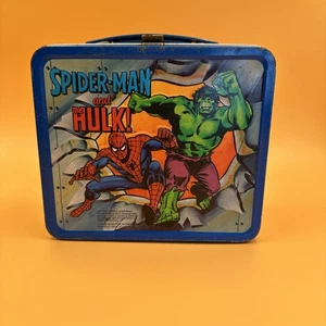 Vintage 1980 Spiderman - Hulk - Captain America Metal Lunchbox No Thermos - Picture 1 of 18