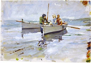 Len Thurston "Three People in a Rowing Boat" original gouache illustration water - Picture 1 of 3