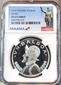 1972 PANAMA SILVER 1 BALBOA VASCO NUNEZ NGC PF 67 CAMEO SCARCE GEM PROOF - Picture 1 of 3