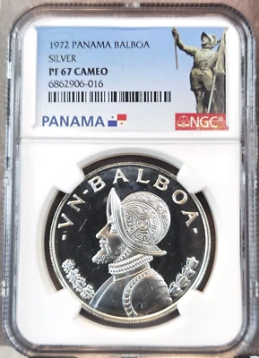 Panamá 1972 plata 1 Balboa Vasco Núñez NGC PF 67 camafeo escasa prueba de gemas Foto 1 de 3