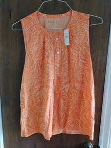 LOFT Women's Boho Floral Leaf Print Orange Half Button-Up Tank Blouse Sz L - NWT - Picture 1 of 6