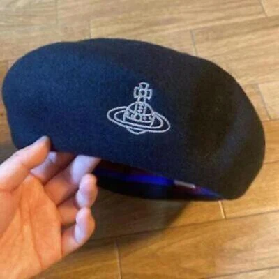 Vivienne Westwood beret hat cap Black orb embroidery wool Ladies S〜M NEW Japan - Image 1 of 3
