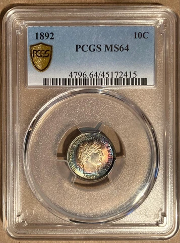 1892 PCGS MS64 Barber Dime 10c - TONED Cover