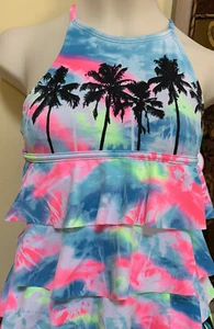 Nwt Justice Tropical High Neck Tie Dye Tierred Tankini Size 6 Swimsuit Top ! - Picture 1 of 2