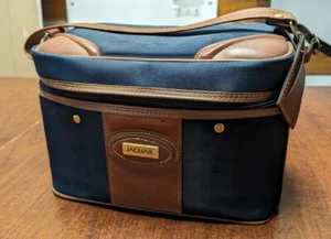 Vintage Jaguar Luggage Suitcase Travel Bag Navy Blue Brown Leather Trim Pockets - Picture 1 of 8