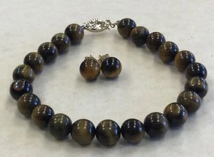 14K Solid Yellow Gold Tigers Eye 8mm Balls/Beaded Bracelet, Pierced Earrings SET - Picture 1 of 16