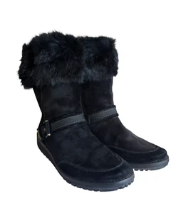 Stuart Weitzman Black Suede Winter Boots Rabbit Fur Trim Buckle Women's Sz 8.5 M - Picture 1 of 12