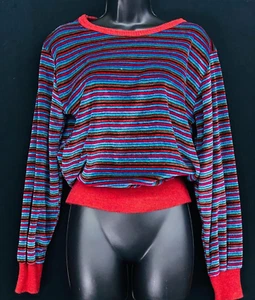 Vintage 1980s velvety shirt, stripes velour purple red top oversize M L - Picture 1 of 3