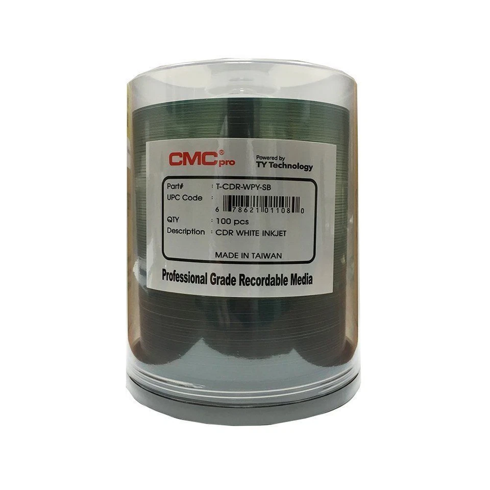 100 CMC Pro Taiyo Yuden 52X CD-R Clear Hub White Inkjet Printable Media - Image 1 of 1
