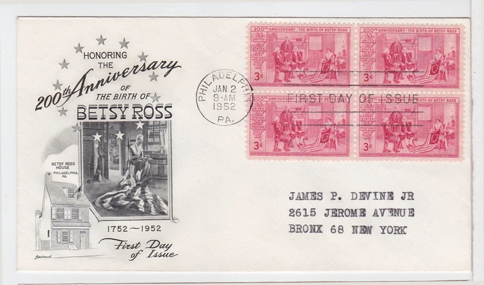 TurtlesTradingPost - Betsy Ross- American Flag 1952 #1004 FDC- Fleetwood Block 4 - Image 1 of 1