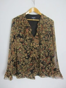 Jones New York Womens Plus 18W Orange Black Paisley LS Ruffle Silk Blouse Shirt - Picture 1 of 12