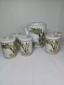 Set orientalische Tee-/Kaffeekanne und 5 Deckeltassen Bambus Dekor handbemalt - Bild 1 von 6