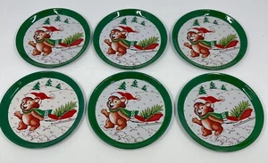 Vintage (6) Bear in Santa Hat Pulling Tree Metal Christmas Drink 3” Coasters - Picture 1 of 4