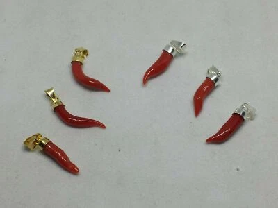 CIONDOLO CORNO CORNETTO CORALLO ROSSO NATURALE ARGENTO 925/1000 DORATO E RODIATO - Immagine 1 di 3