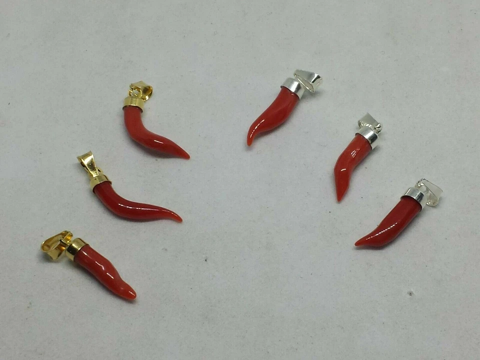 CIONDOLO CORNO CORNETTO CORALLO ROSSO NATURALE ARGENTO 925/1000 DORATO E RODIATO - Immagine 1 di 3