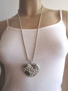 Damen Hals Kette Modekette lang Statement Strass Herz Silber Rose Schwarz Bling - Bild 1 von 4
