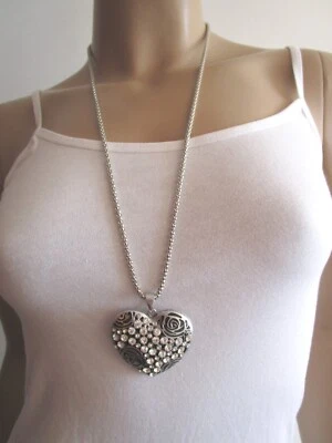 Damen Hals Kette Modekette lang Statement Strass Herz Silber Rose Schwarz Bling - Bild 1 von 4
