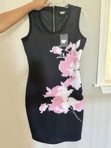 NWT DKNY Bodycon Black And Pink Floral Dress $129 Retail - Picture 1 of 6