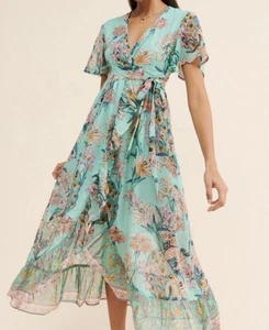 RAGA Boho Sz L Open Back Maxi Wrap Teal Blue Women's Sun Dress - Imagen 1 de 14