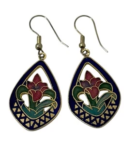 Cloisonné Earrings Cobalt Enameled Pink Flowers Dangle Pierced Ear New - Picture 1 of 4