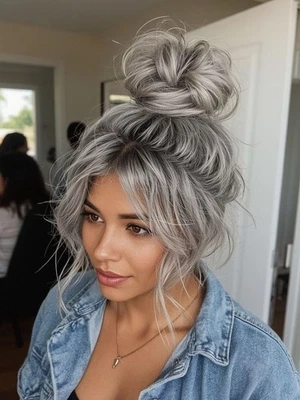 Full Lace Gray Human Hair Wigs Ombre Dark Gray Wavy Wigs with Dark Roots 20" - Image 1 of 3