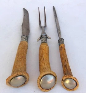 Antico manico in argento e corna/cervo 4 pz. Set intaglio - Foto 1 di 6