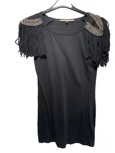 River Island Fringe And Chain Shoulder Dress UK Size 14 Black T Shirt Dress - Picture 1 of 11