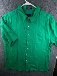 Alan Flusser Button Up Shirt Men 2XL Green All Linen Short Sleeve W/ Pocket - Picture 1 of 11