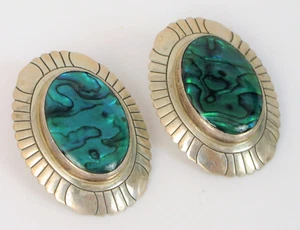 VINTAGE NATIVE AMERICAN STERLING SILVER BLUE ABALONE SHELL MOP EARRINGS OVAL - Picture 1 of 2
