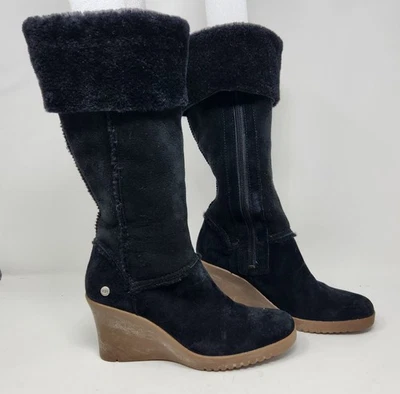 UGG Women’s Sandra S/N 5449 Black Leather Shearling Wedge Tall Knee High Boots 7 - Image 1 of 4