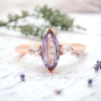 Anillo Promesa Oro Rosa 14k 8x4 Corte Marquesa Natural Alejandrita Circonita Cúbica Foto 1 de 3