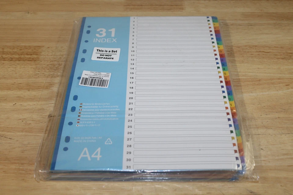 5PK 1-31 Tab Dividers for 3 Ring Binder, Custom Table of Content, Multi-Color A4 - Image 1 of 1