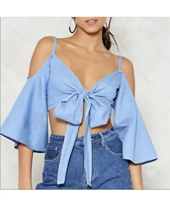 LOVE TREE Blue Cotton Chambray Cropped Tie Front Cold Shoulder BOHO Top NEW M - Picture 1 of 8